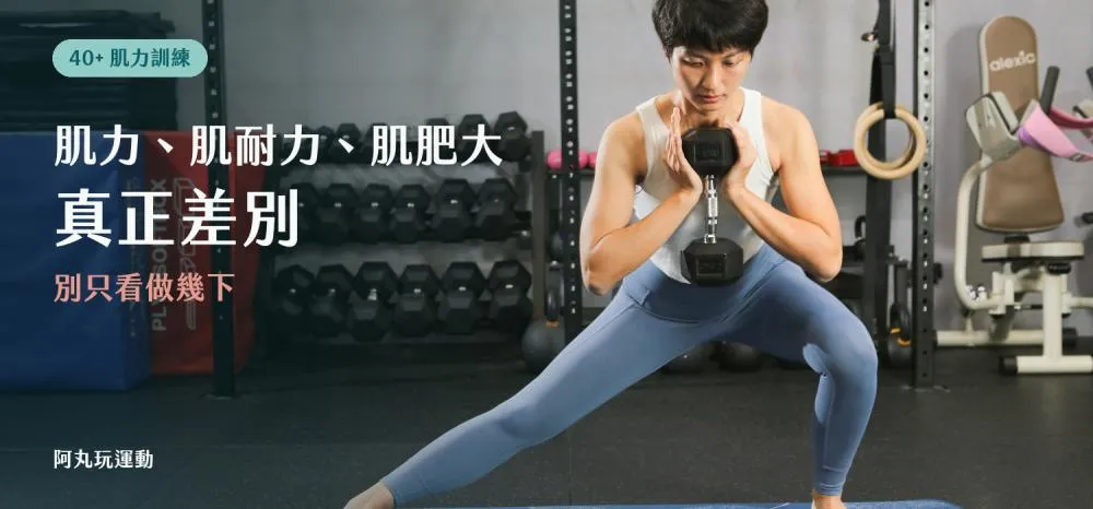 丸子教練在健身房進行壺鈴側弓步，封面文字為肌力、肌耐力、肌肥大的真正差別