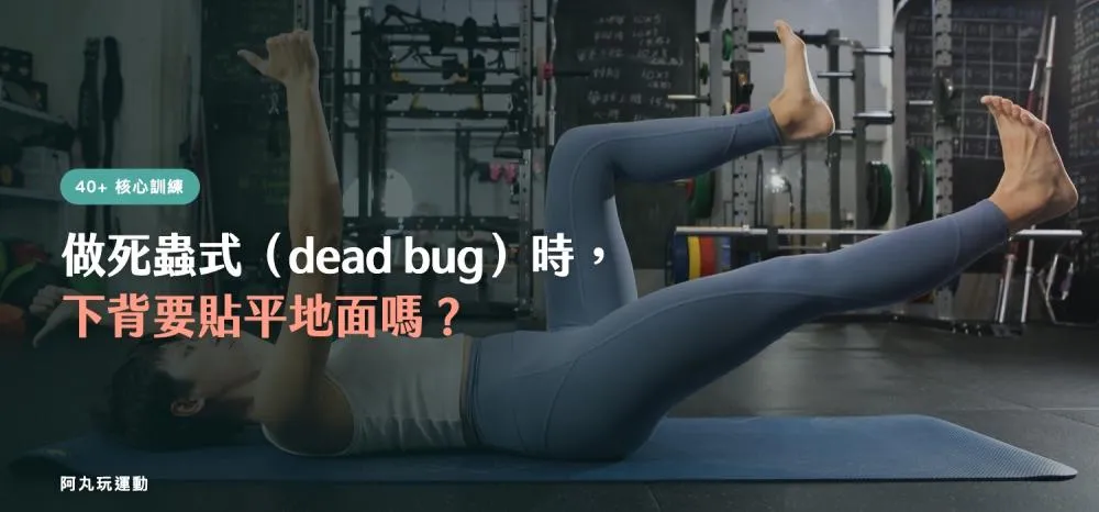 死蟲式文章封面：丸子教練示範死蟲式，搭配標題「做死蟲式（dead bug）時，下背要貼平地面嗎？」